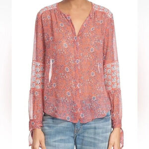REBECCA TAYLOR‎ 100% Silk Amanda Print Long Sleeve Blouse Tie Sleeves Size 0